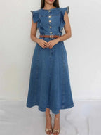 Button-Front Ruffle Sleeve Denim Midi Dress - Women / Jeans & Denim by Trendsi | Available at Handbags Specialist Headquarter