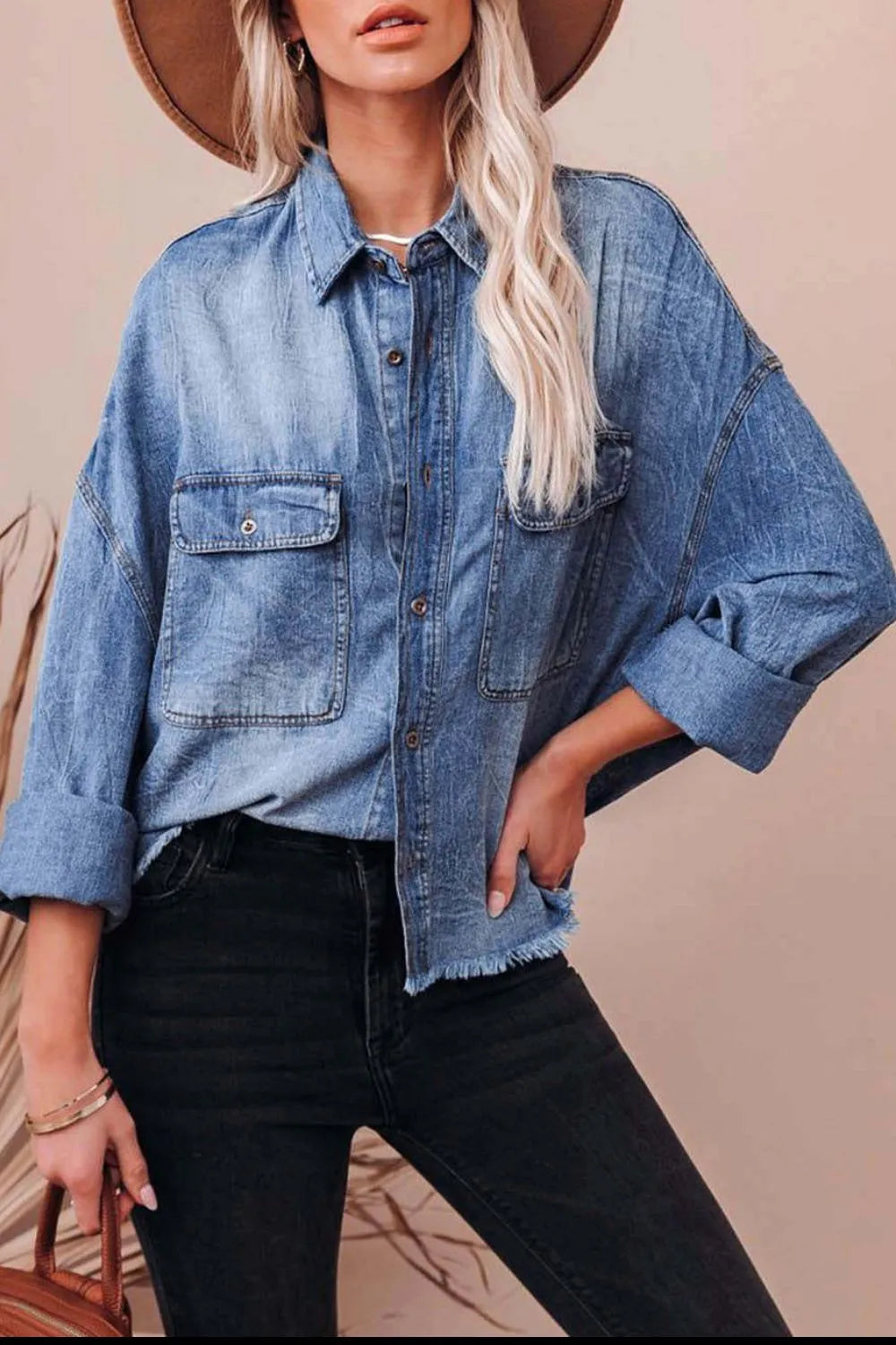 Collared Neck Raw Hem Long Sleeve Denim Shirt - Women / Jeans & Denim by Trendsi | Available at Handbags Specialist Headquarter