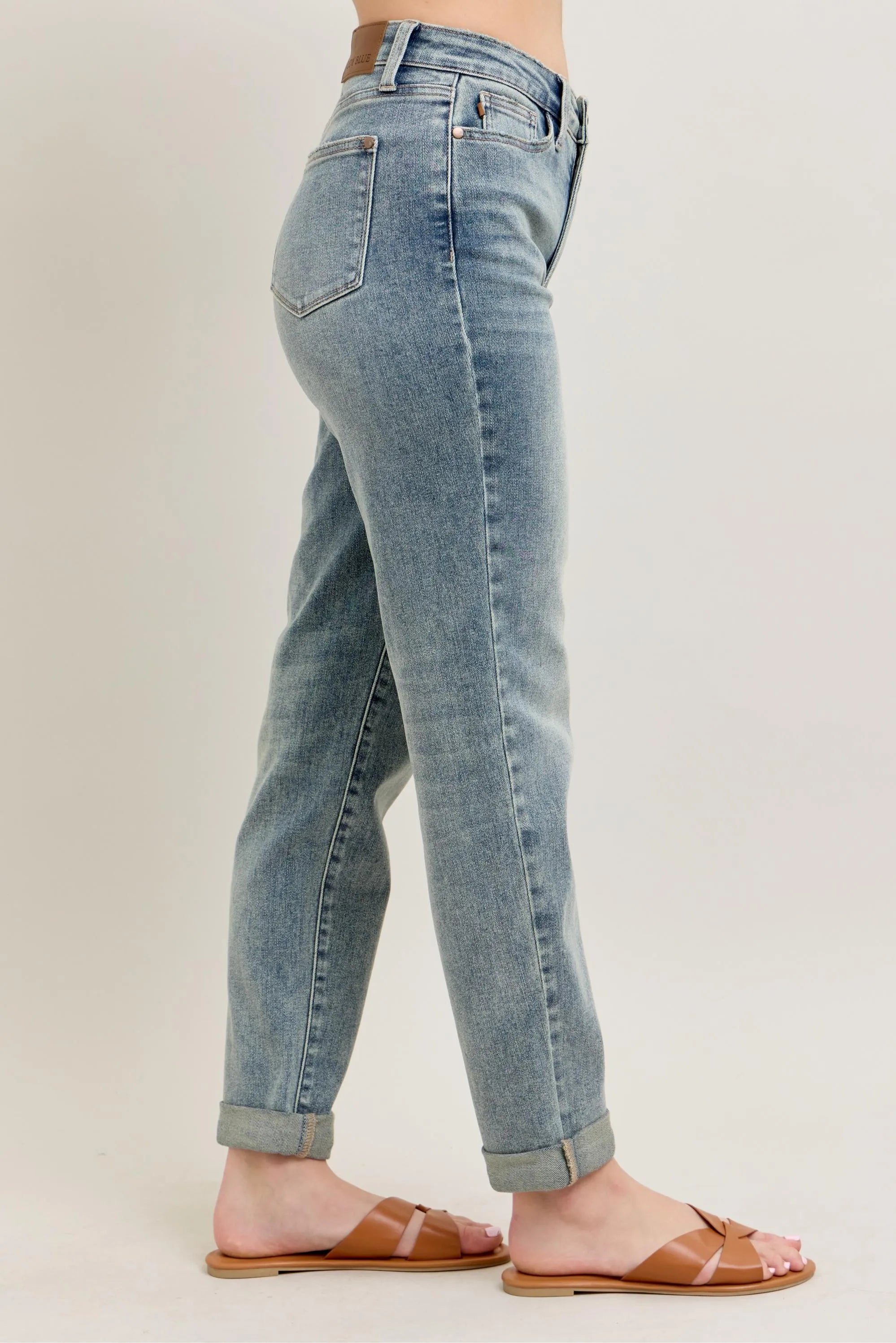 Judy Blue Full Size Hw Vintage Wash Double Roll Cuff Bf Jeans Plus Size - Women / Jeans & Denim by Trendsi | Available at Handbags Specialist Headquarter