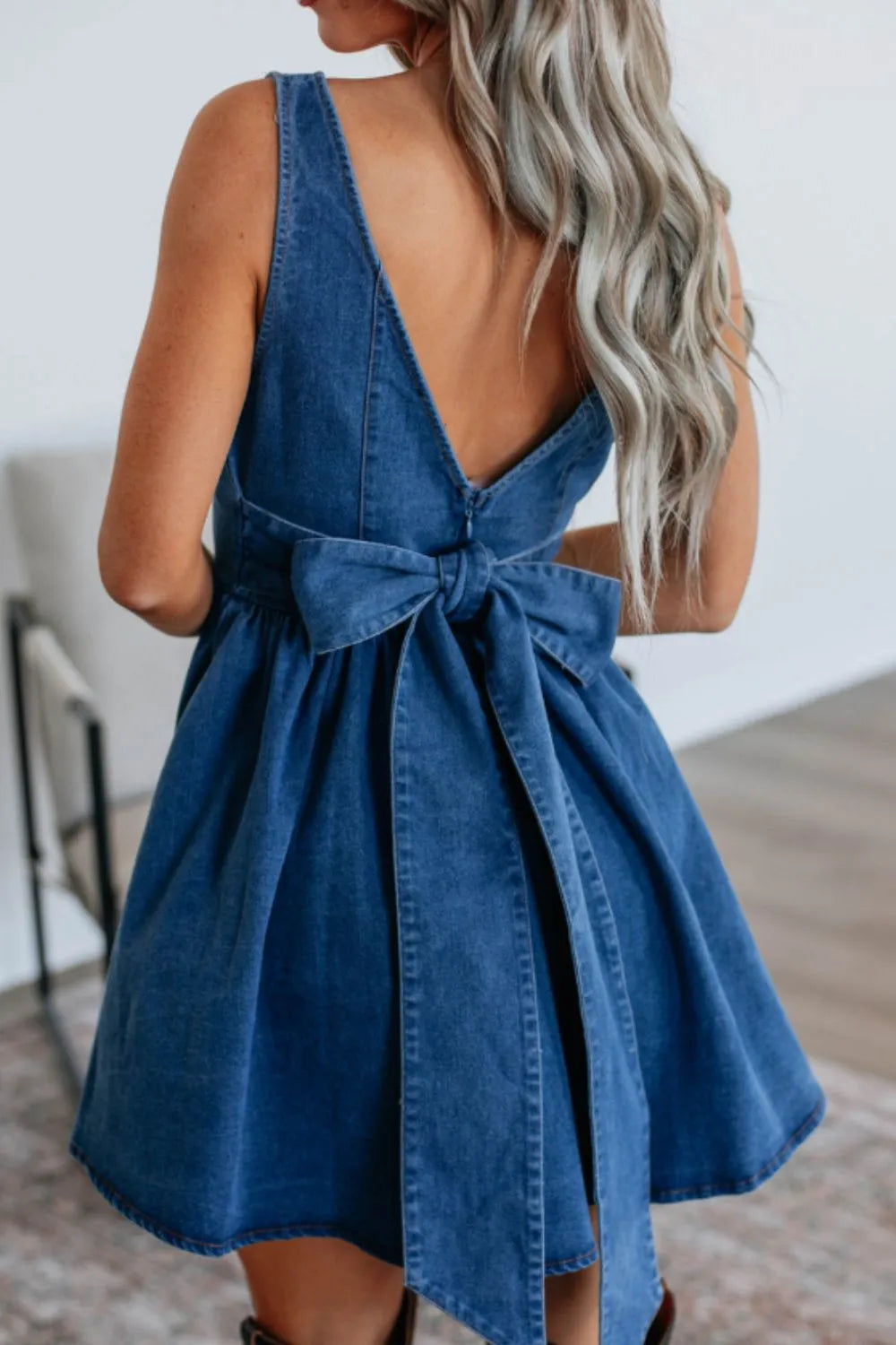 V-Back Bow Tie Denim Skater Dress - Women / Jeans & Denim by Trendsi | Available at Handbags Specialist Headquarter
