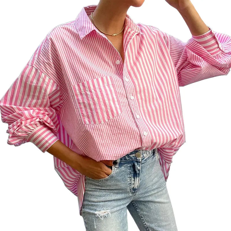 Striped Button Down Long Sleeve Shirt - Women's Down Shirt Tops by Trendsi | Available at Handbags Specialist Headquarter