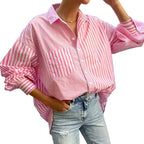 Striped Button Down Long Sleeve Shirt - Women's Down Shirt Tops by Trendsi | Available at Handbags Specialist Headquarter