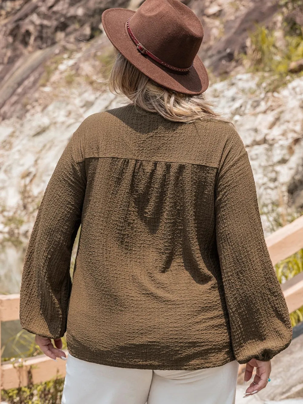 Plus Size Tie Neck Long Sleeve Blouse - Plus Size Shirts by Trendsi | Available at Handbags Specialist Headquarter