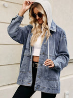 Oversized Button Up Denim Jacket with Hood - Tops by Trendsi | Available at Handbags Specialist Headquarter