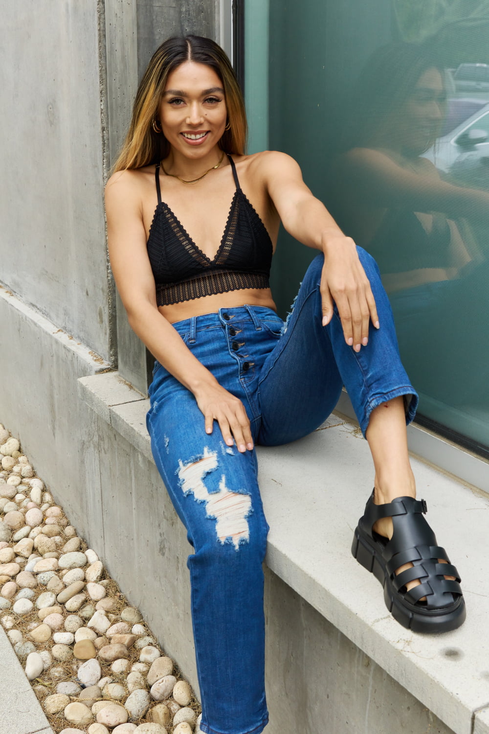 Leto Ribbed Lace Boho Racerback Bralette in Black - Tops by Trendsi | Available at Handbags Specialist Headquarter