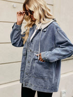 Oversized Button Up Denim Jacket with Hood - Tops by Trendsi | Available at Handbags Specialist Headquarter