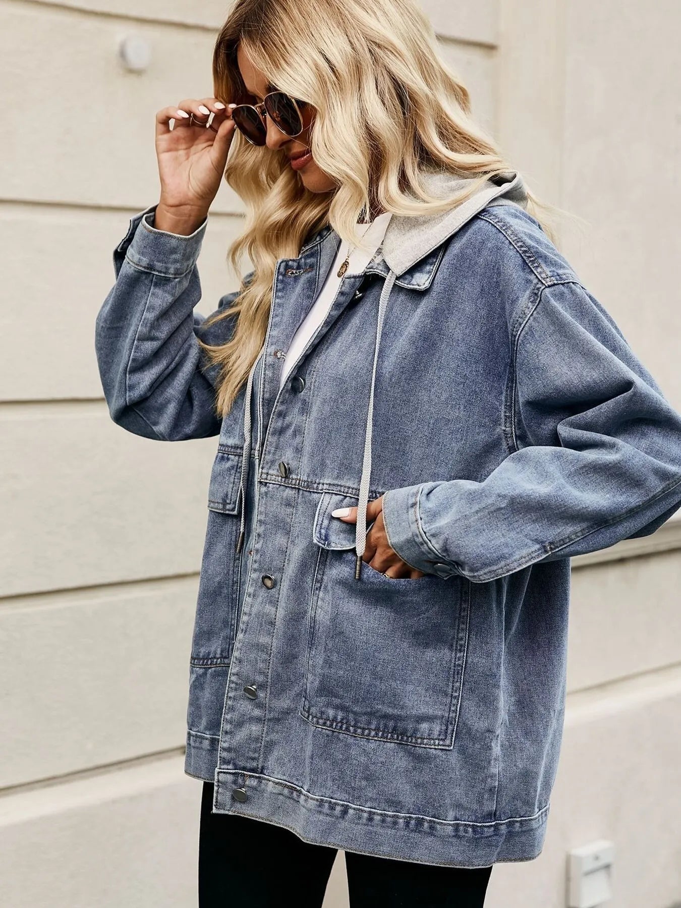 Oversized Button Up Denim Jacket with Hood - Tops by Trendsi | Available at Handbags Specialist Headquarter