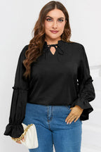 Plus Size Ruffled Tie Neck Flounce Sleeve Blouse - Plus Size Shirts by Trendsi | Available at Handbags Specialist Headquarter