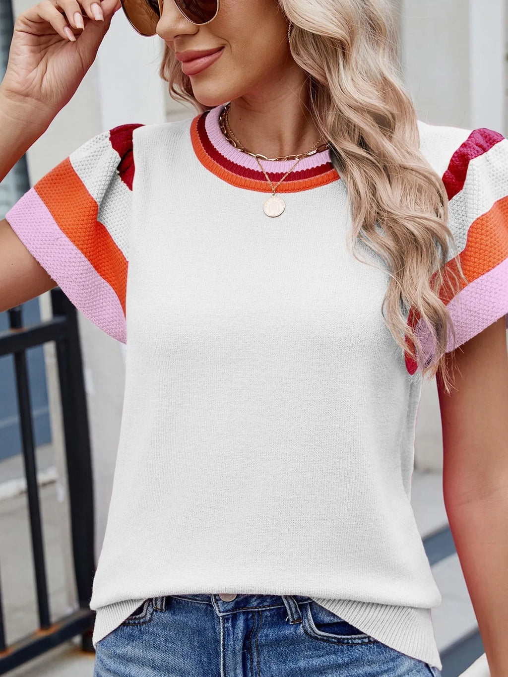 Colorblock Striped Short Sleeve Sweater - Tops by Trendsi | Available at Handbags Specialist Headquarter