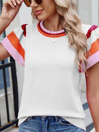 Colorblock Striped Short Sleeve Sweater - Tops by Trendsi | Available at Handbags Specialist Headquarter