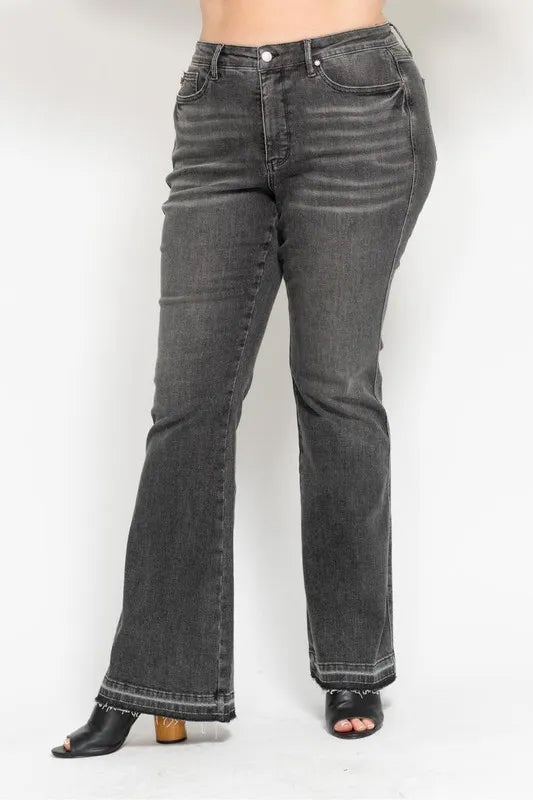 Judy Blue Full Size Mid Rise Tummy Control Washed Gray Release Hem Flare Jeans Plus Size - Women / Jeans & Denim by Trendsi | Available at Handbags Specialist Headquarter