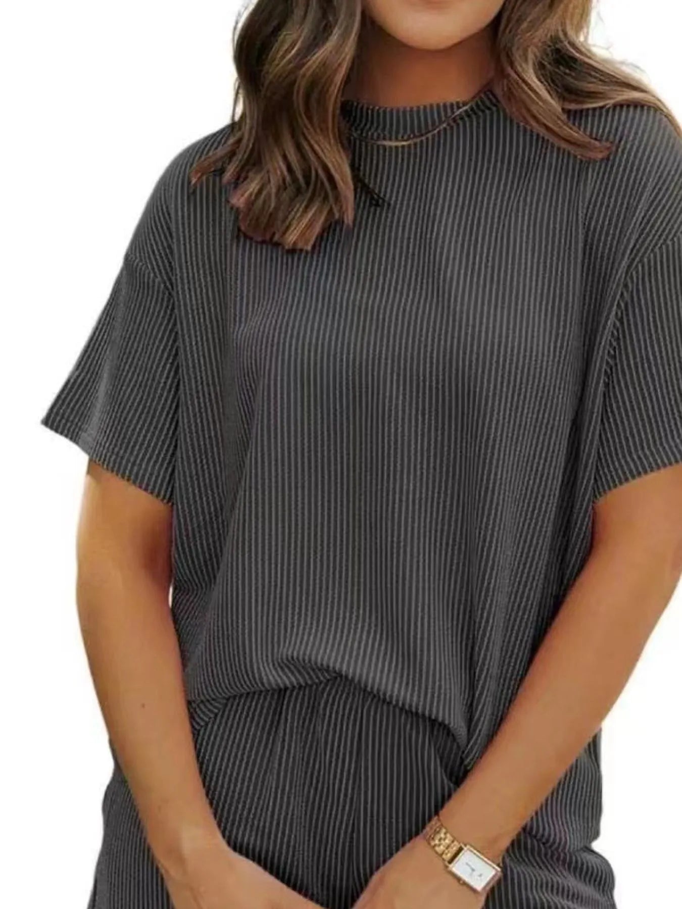 Full Size Ribbed Short Sleeve Top and Shorts Two-Piece Set Plus Size - Sleepwear by Trendsi | Available at Handbags Specialist Headquarter