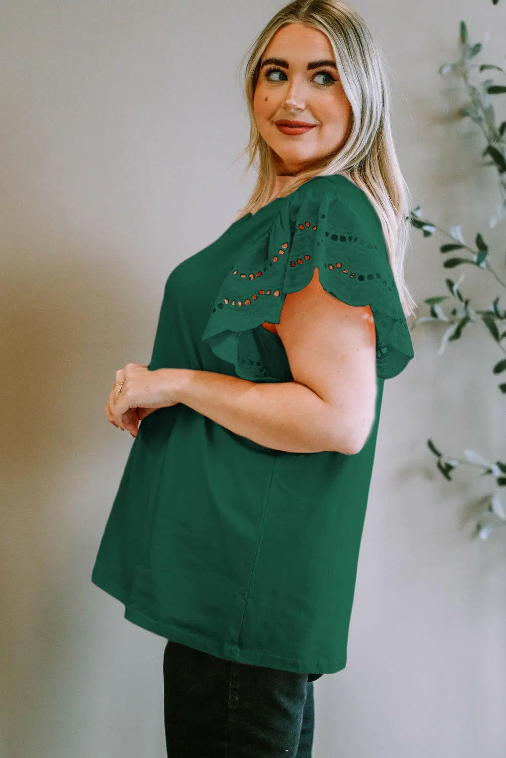 Plus Size Eyelet Round Neck Short Sleeve Blouse - Women Plus Size by Trendsi | Available at Handbags Specialist Headquarter