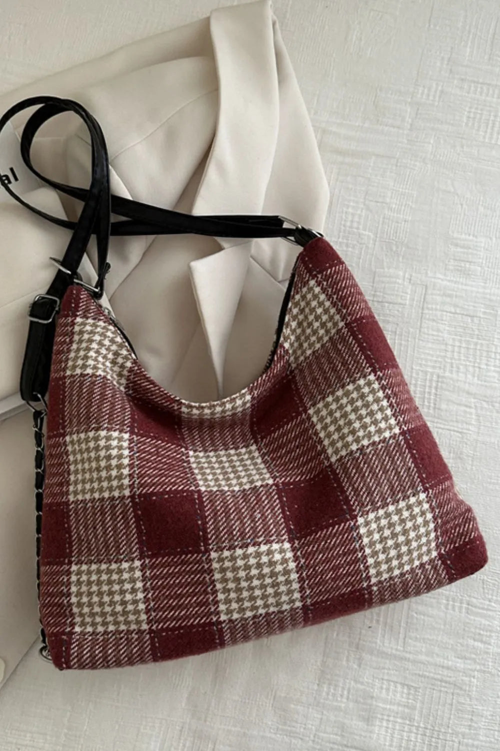 Plaid Adjustable Strap Handbag - Tote Bag by Trendsi | Available at Handbags Specialist Headquarter