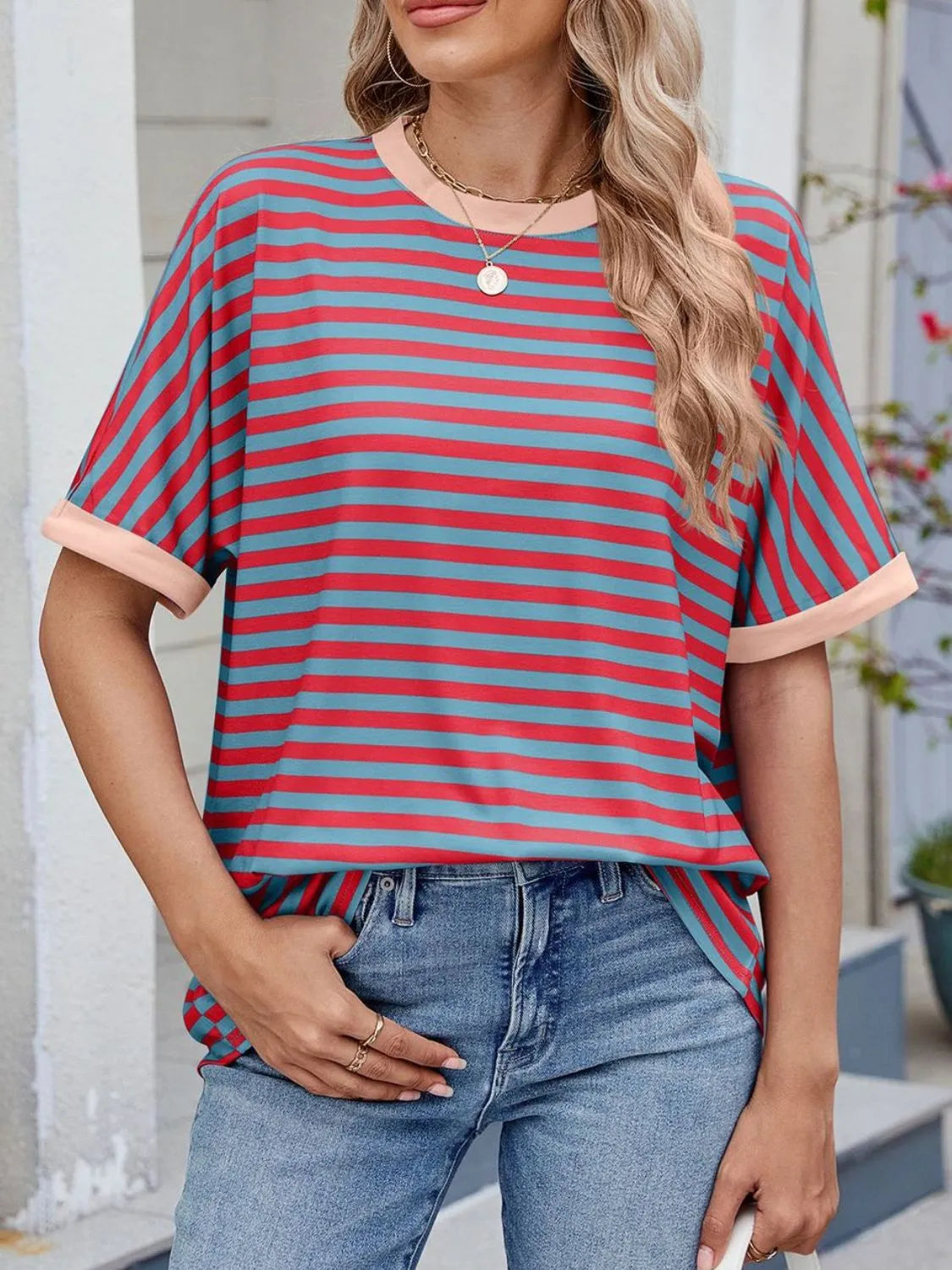 Striped Round Neck Half Sleeve T-Shirt - Women / Tops by Trendsi | Available at Handbags Specialist Headquarter