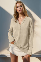 Double Take Full Size Notched Thumbhole Long Sleeve T-Shirt - Tops by Trendsi | Available at Handbags Specialist Headquarter