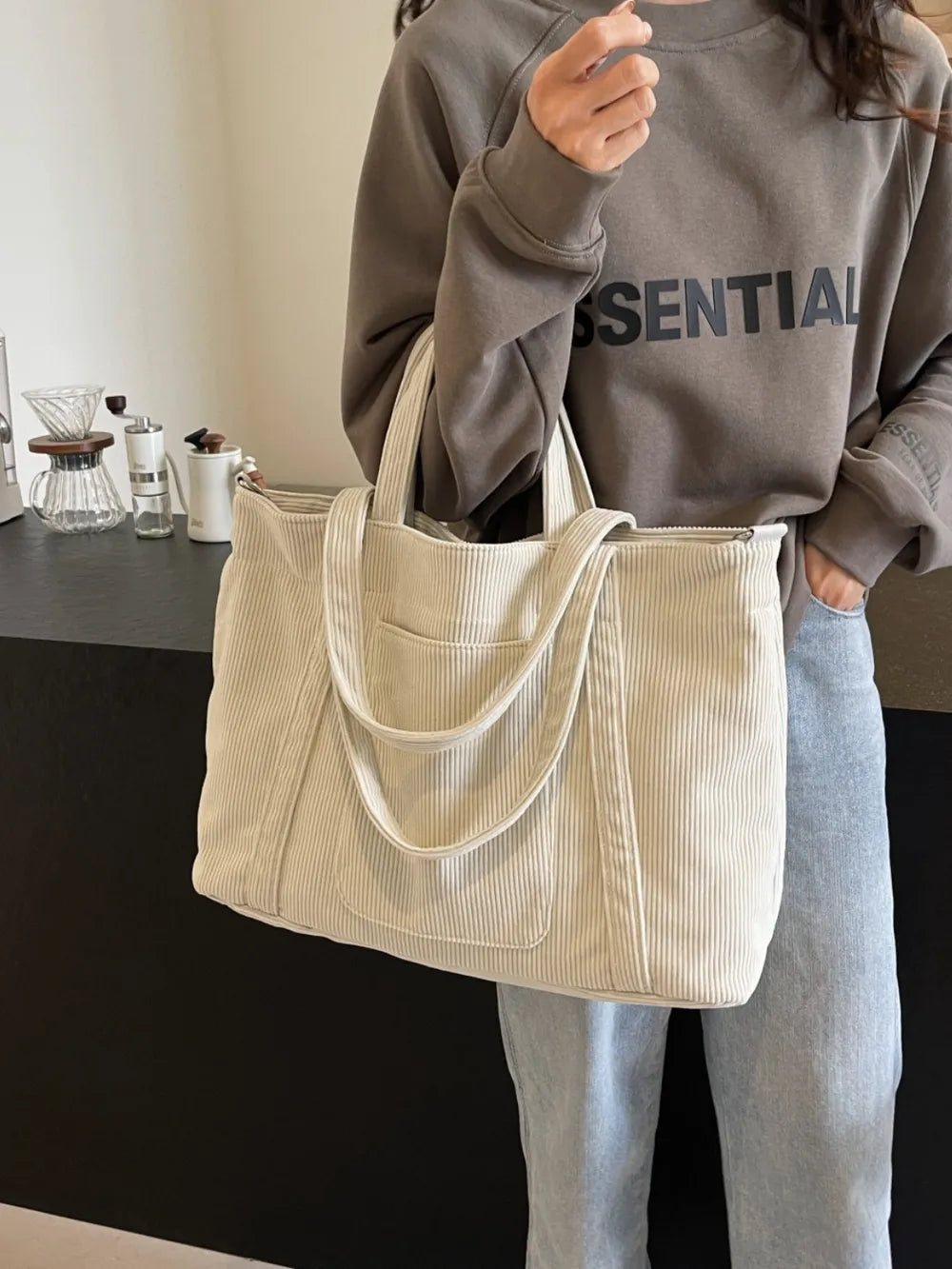Corduroy Solid Large Tote Bag - Tote Bag by Trendsi | Available at Handbags Specialist Headquarter