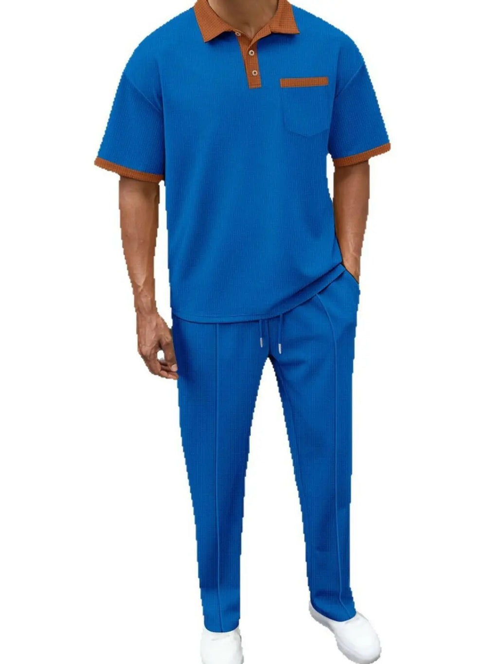 Men's Full Size Waffle-Knit Contrast Polo and Pants Set Plus Size - Men's Sets by Trendsi | Available at Handbags Specialist Headquarter