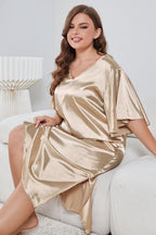 Plus Size Flutter Sleeve V-Neck Side Slit Night Gown - Sleepwear by Trendsi | Available at Handbags Specialist Headquarter