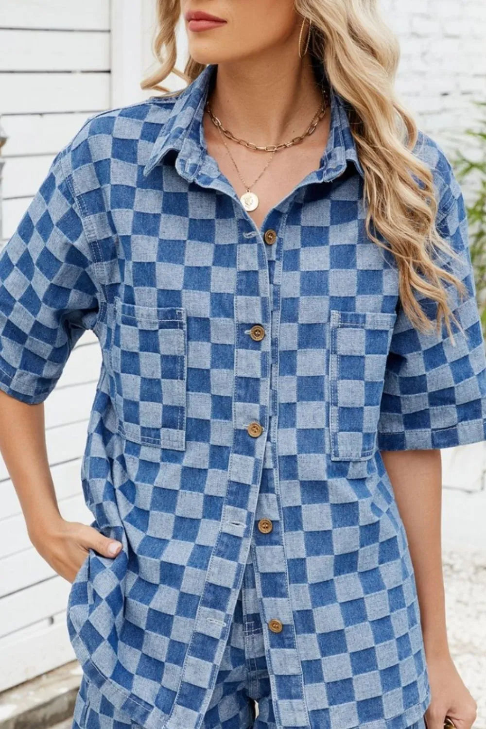 Button Down Checkered Denim Shirt - Women / Jeans & Denim by Trendsi | Available at Handbags Specialist Headquarter