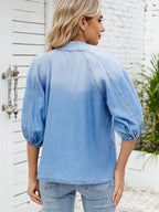 Denim Bow Tie Puff Sleeve Top - Tops by Trendsi | Available at Handbags Specialist Headquarter