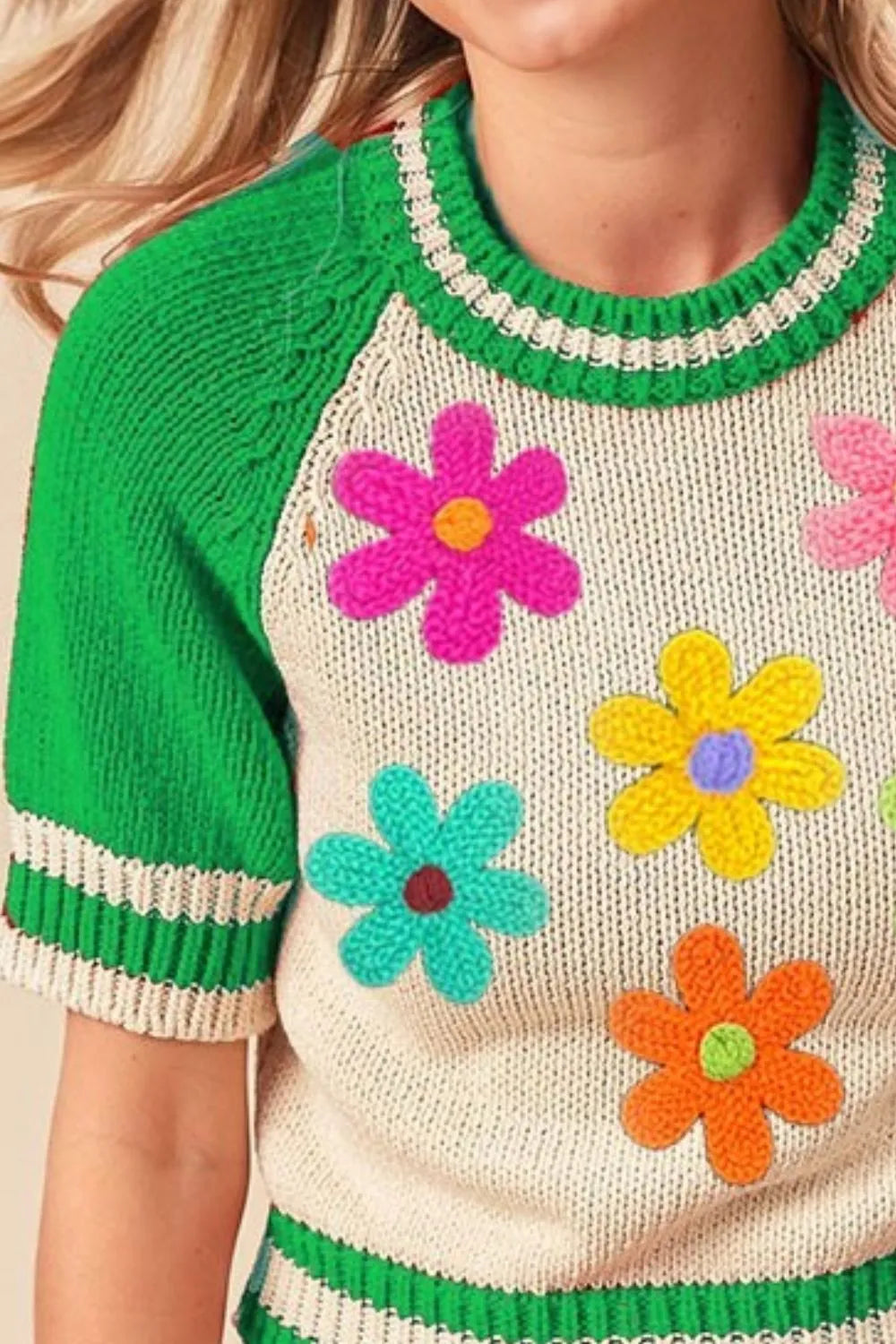 BiBi Crochet Flower Patches Striped Rib Band Sweater - Tops by Trendsi | Available at Handbags Specialist Headquarter