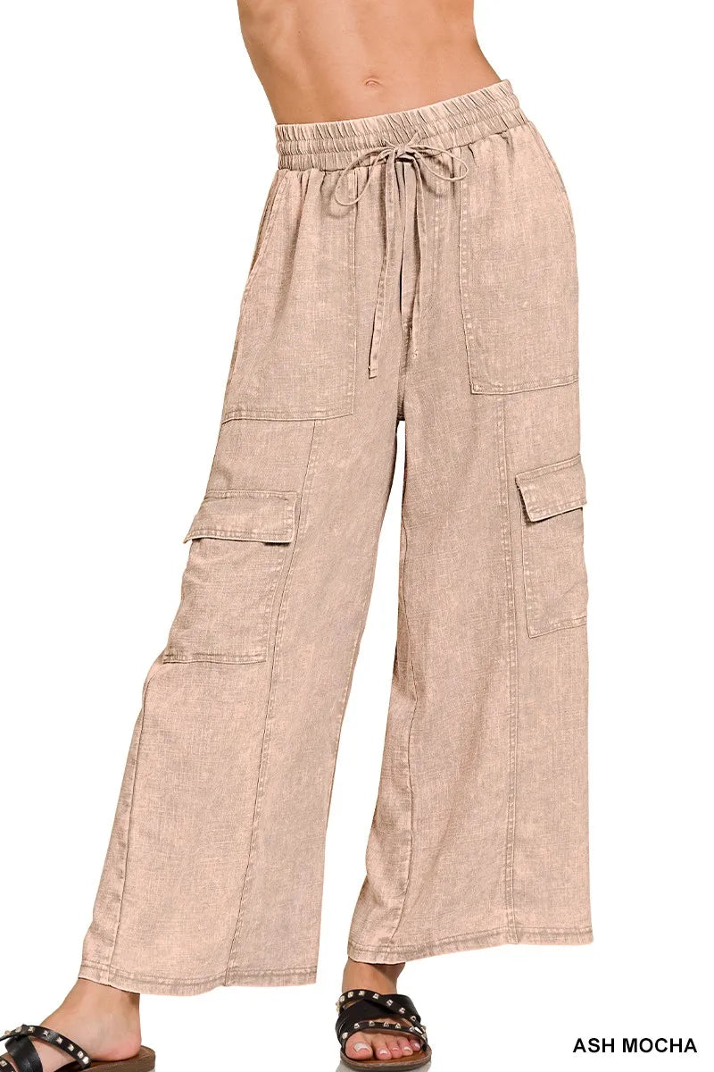 Zenana Washed Linen Elastic Band Waist Cargo Pants - Women Pants by Trendsi | Available at Handbags Specialist Headquarter