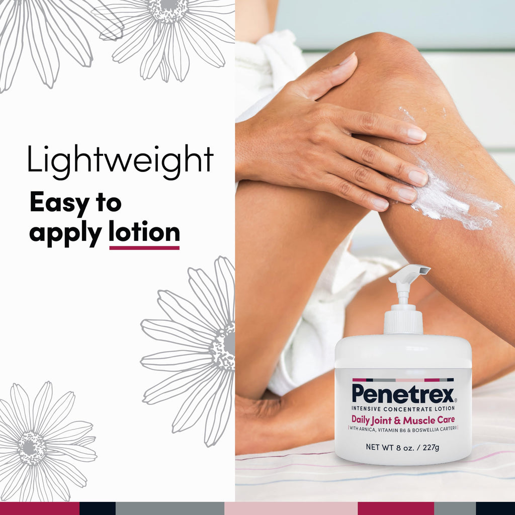 Penetrex joint and muscle cream with pump on a woman's leg applying lotion for soothing relief. - Penetrex Cream Duo Pack - 2oz & 4oz Jars - 4 Ounce (Pack of 1) - Handbags Specialist Headquarter