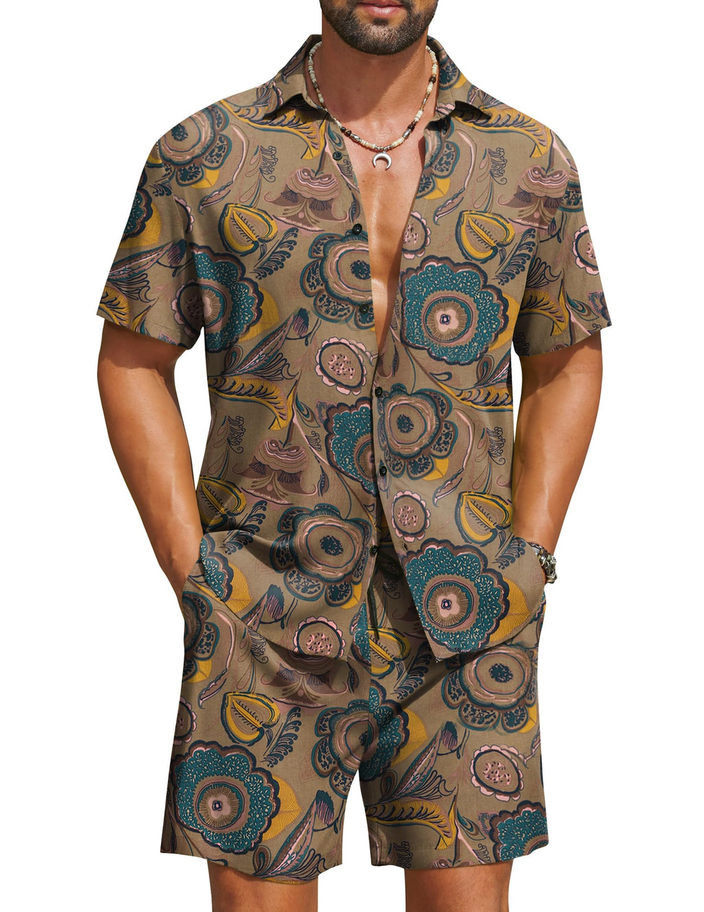 COOFANDY Men's Hawaiian 2 Piece Beach Outfit Set