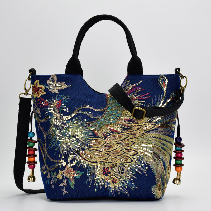Canvas peacock embroidery small handbag