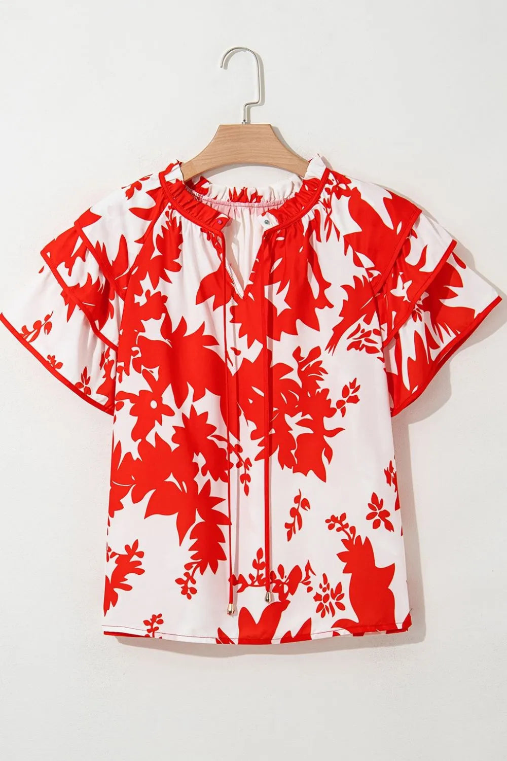 Plant Print Tiered Ruffled Sleeve Tie Neck Blouse - Tops by Trendsi | Available at Handbags Specialist Headquarter