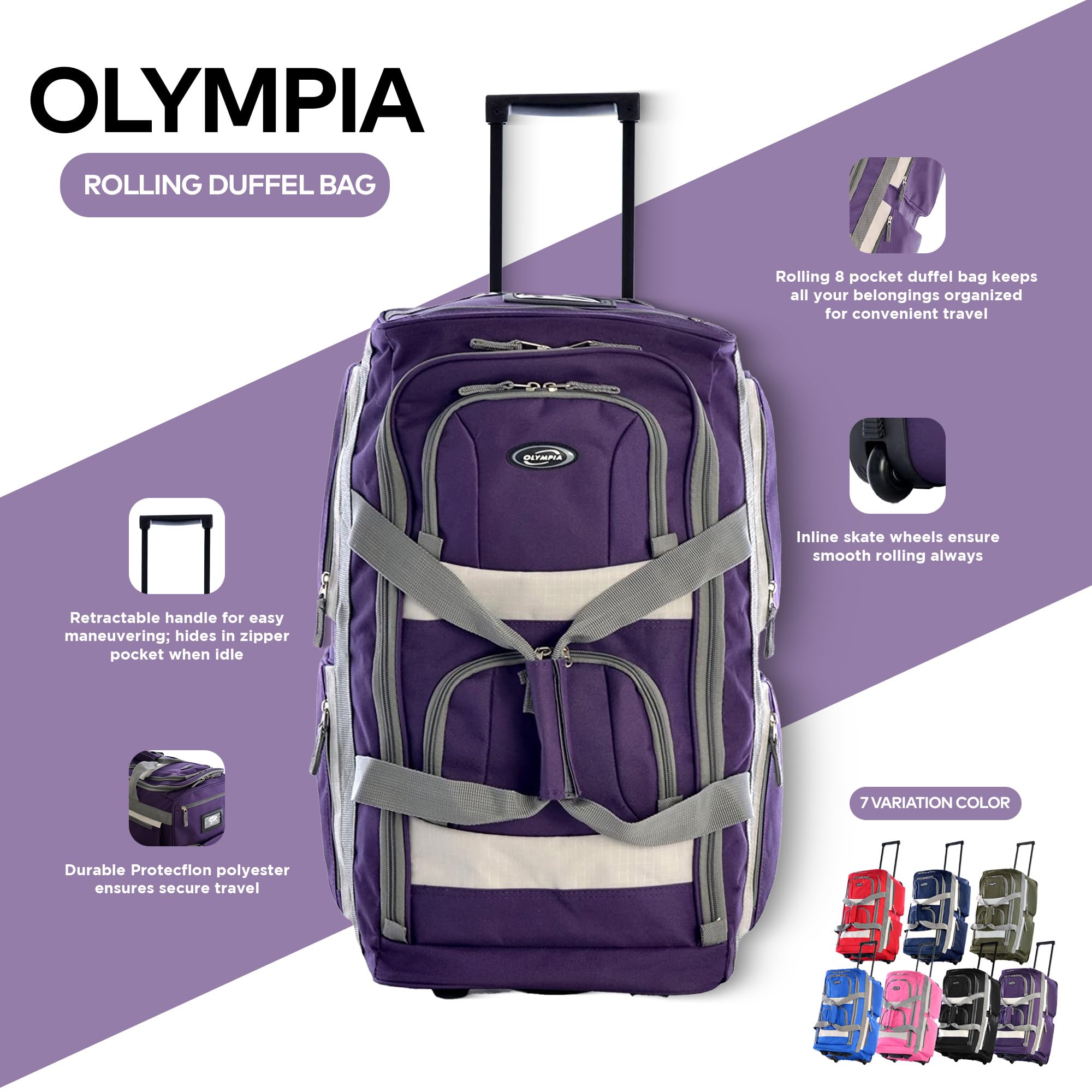 Olympia 22 Max Wheeled Duffel: 8-Pocket Water-Resist -  by Handbags Specialist Headquarter | Available at Handbags Specialist Headquarter