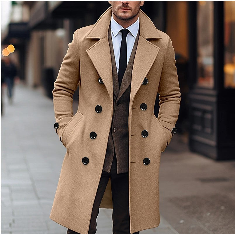 UrbanEdge Wool Double-Breasted Long Coat for Men
