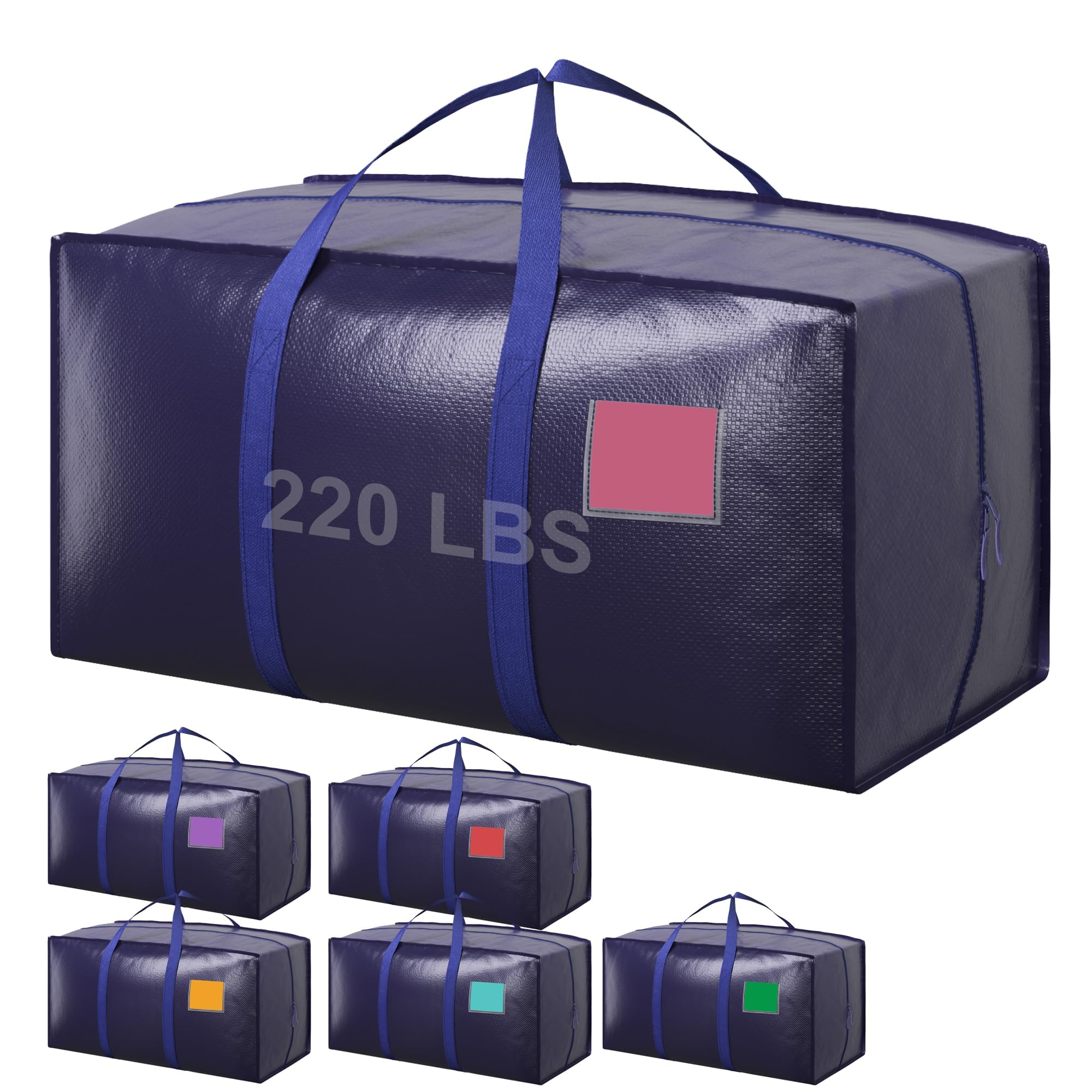 Large navy bag with blue straps, "220 LBS" text, and colored patches in varying shades.