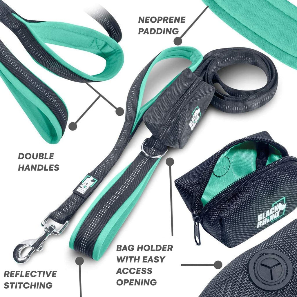 RhinoGrip Aqua: Double Handle Reflective Dog Leash -  by Handbags Specialist Headquarter | Available at Handbags Specialist Headquarter