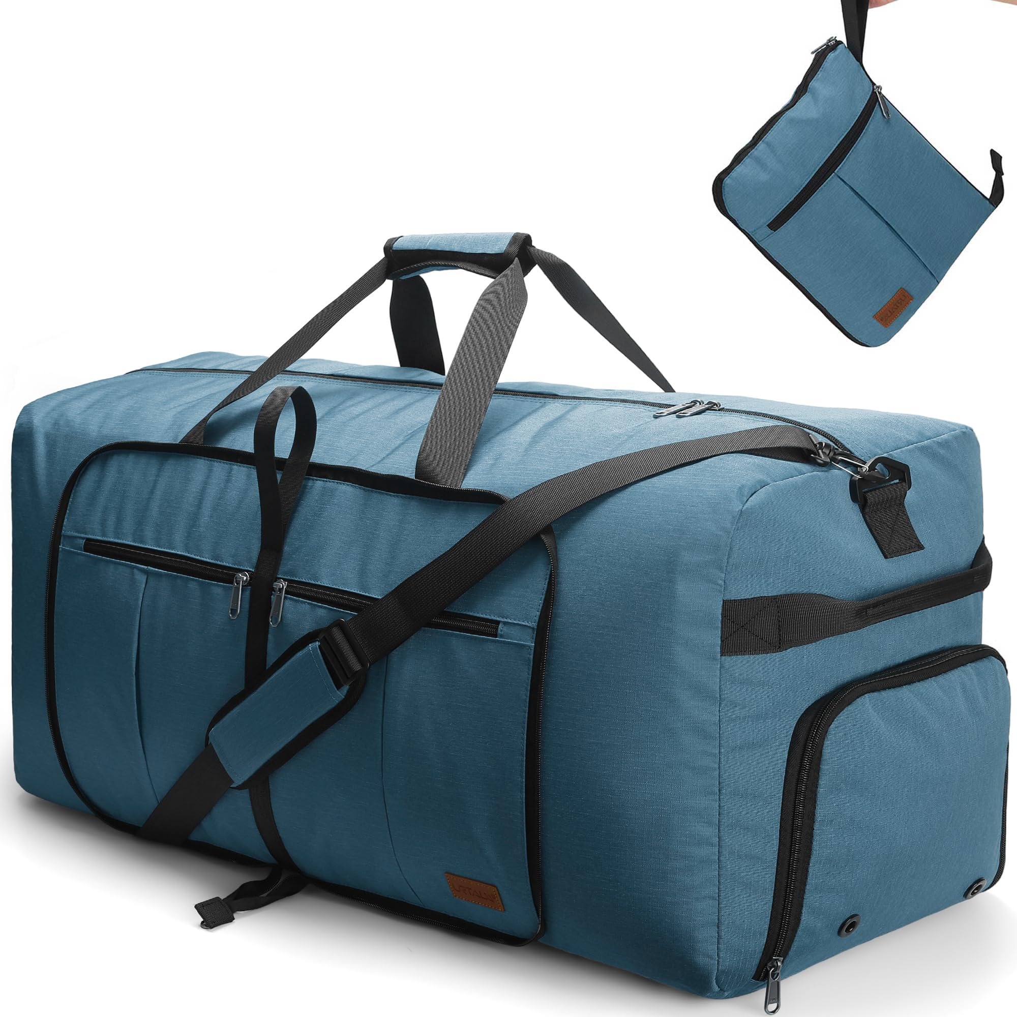 Blue duffel bag with black straps, multiple zippered pockets, and a detachable pouch.