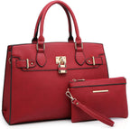 Red handbag with gold buckles and lock, accompanied by a matching red wristlet pouch.