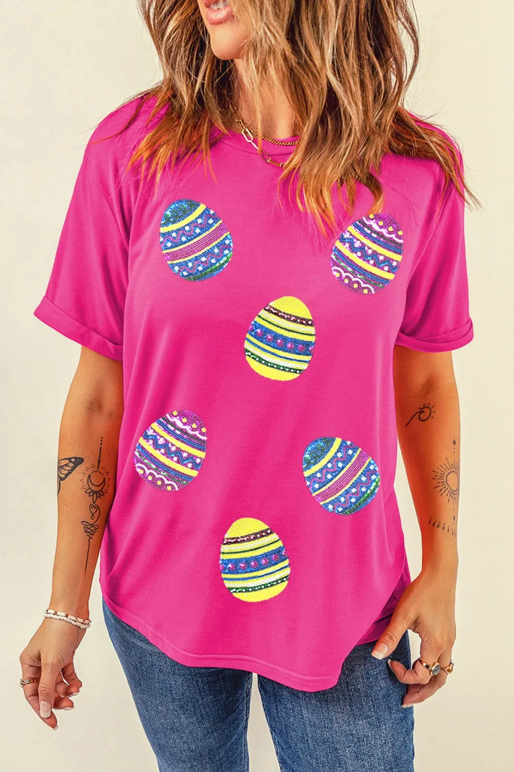 Sequin Easter Egg Short Sleeve T-Shirt - Tops by Trendsi | Available at Handbags Specialist Headquarter