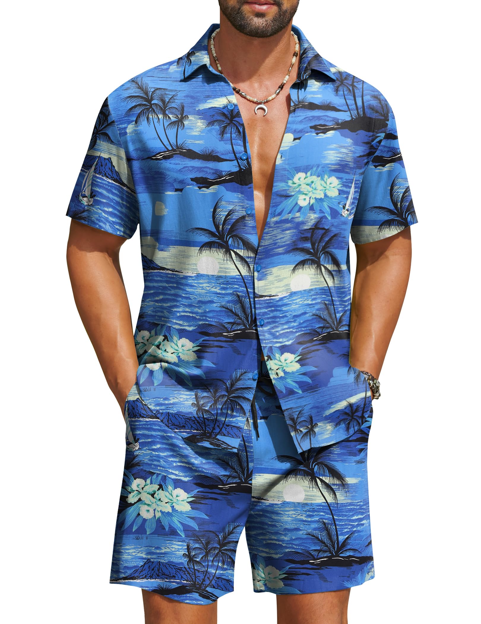 COOFANDY Men's Hawaiian 2 Piece Beach Outfit Set