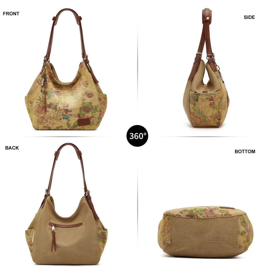 Worldlyda Women Canvas Embroidered Hobo Tote Bag