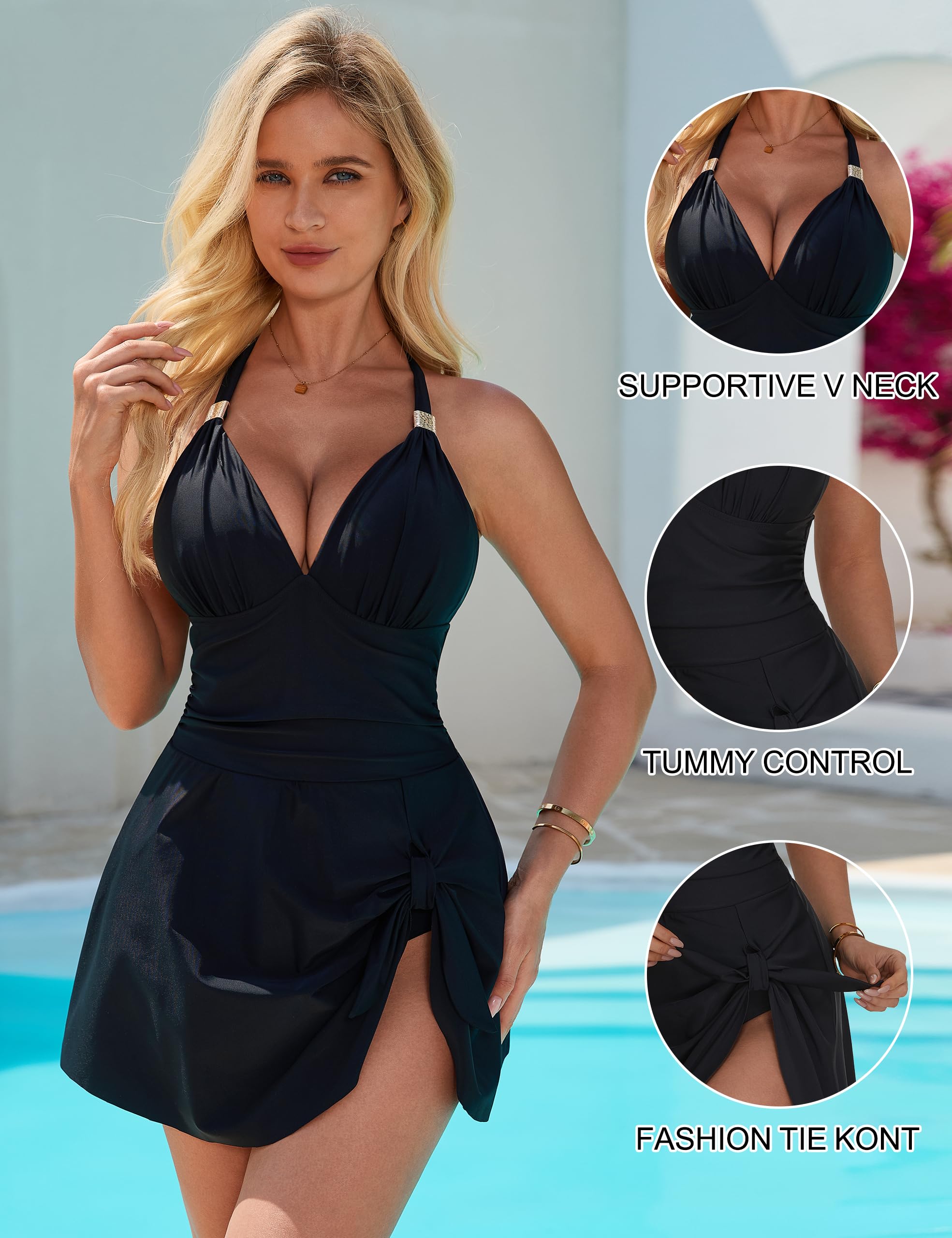 SUUKSESS Women's Tummy Control One Piece Swim Dress