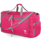 Pink duffel bag with gray straps and zippers, featuring a logo and multiple pockets.