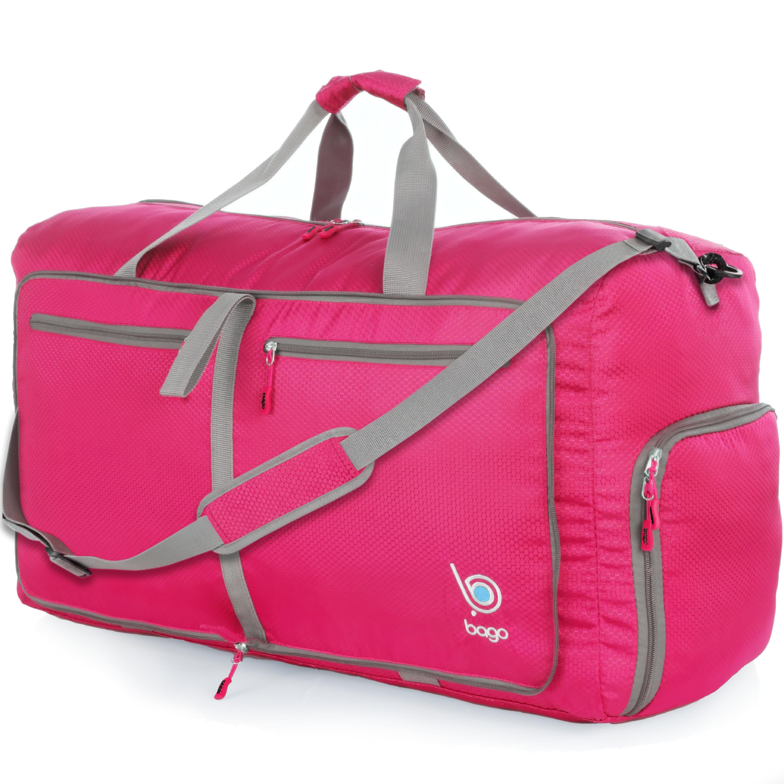 Pink duffel bag with gray straps and zippers, featuring a logo and multiple pockets.
