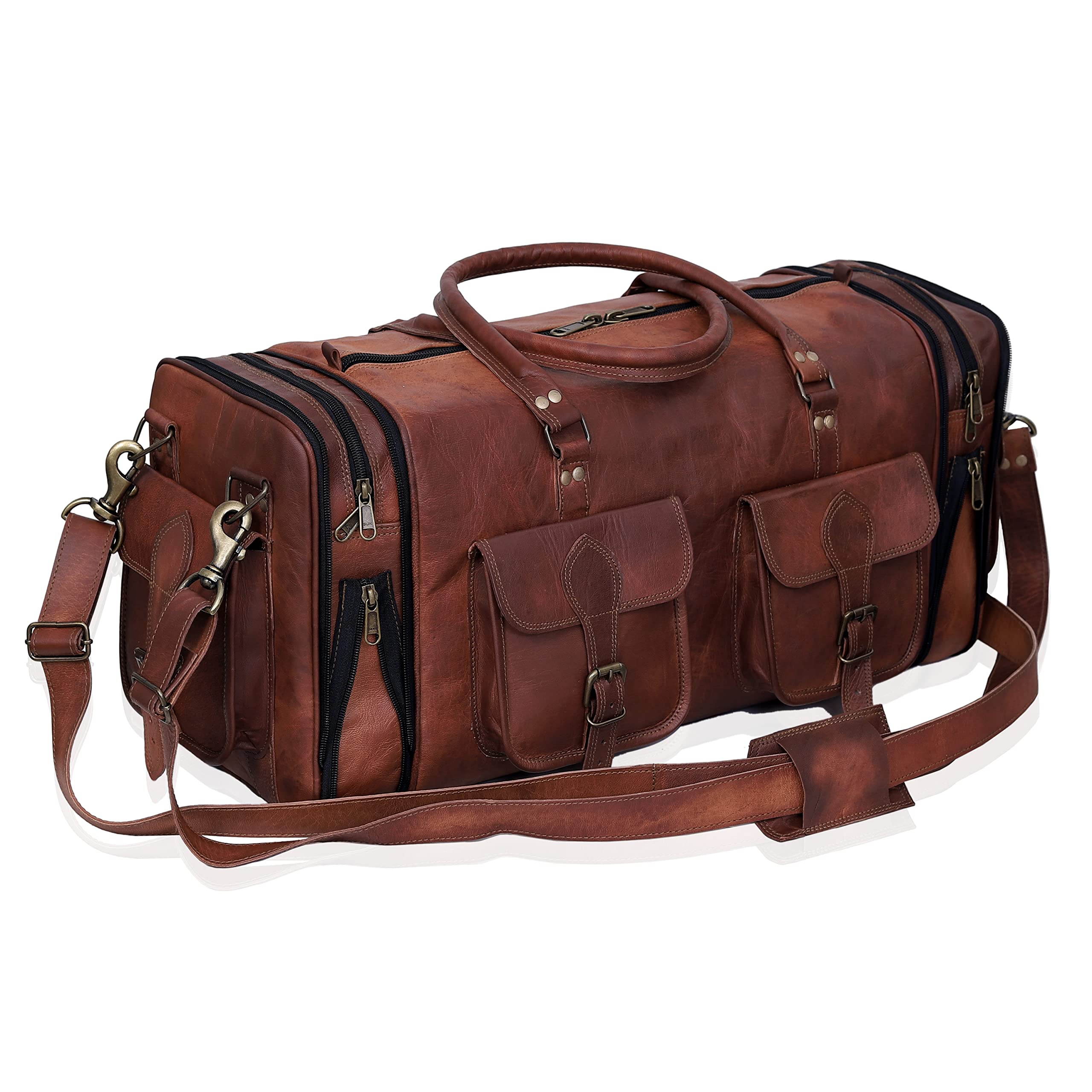 Brown leather duffel bag with multiple pockets, zippers, and an adjustable shoulder strap.
