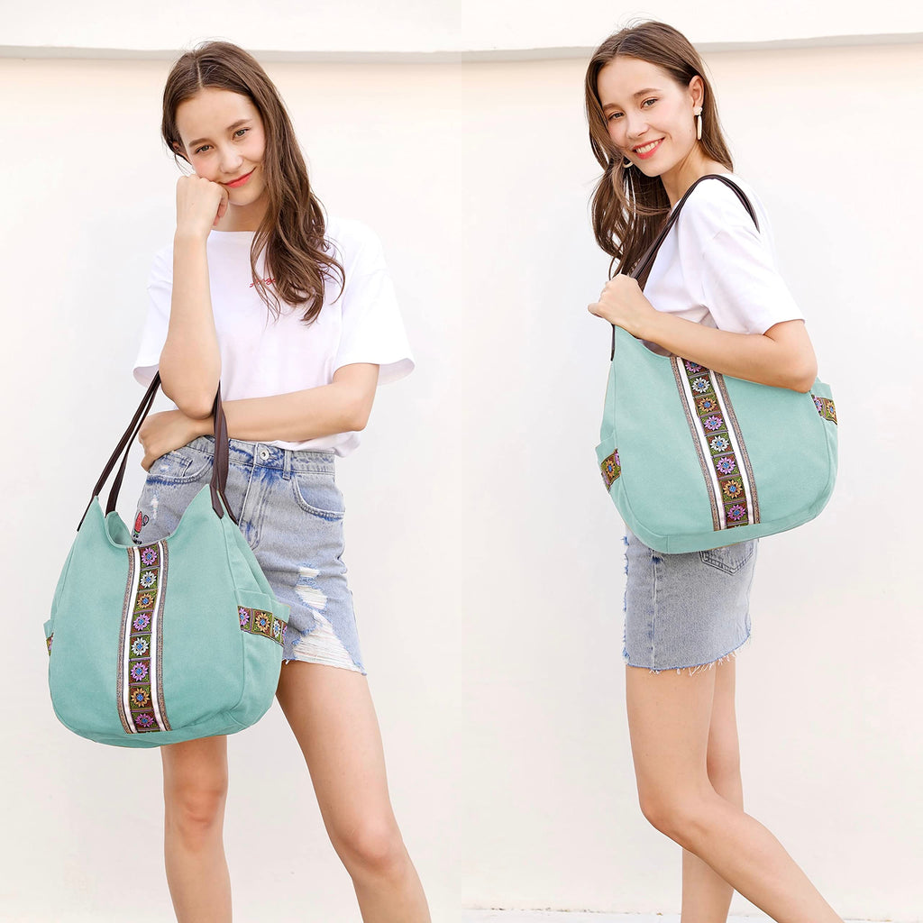 Worldlyda Women Canvas Embroidered Hobo Tote Bag