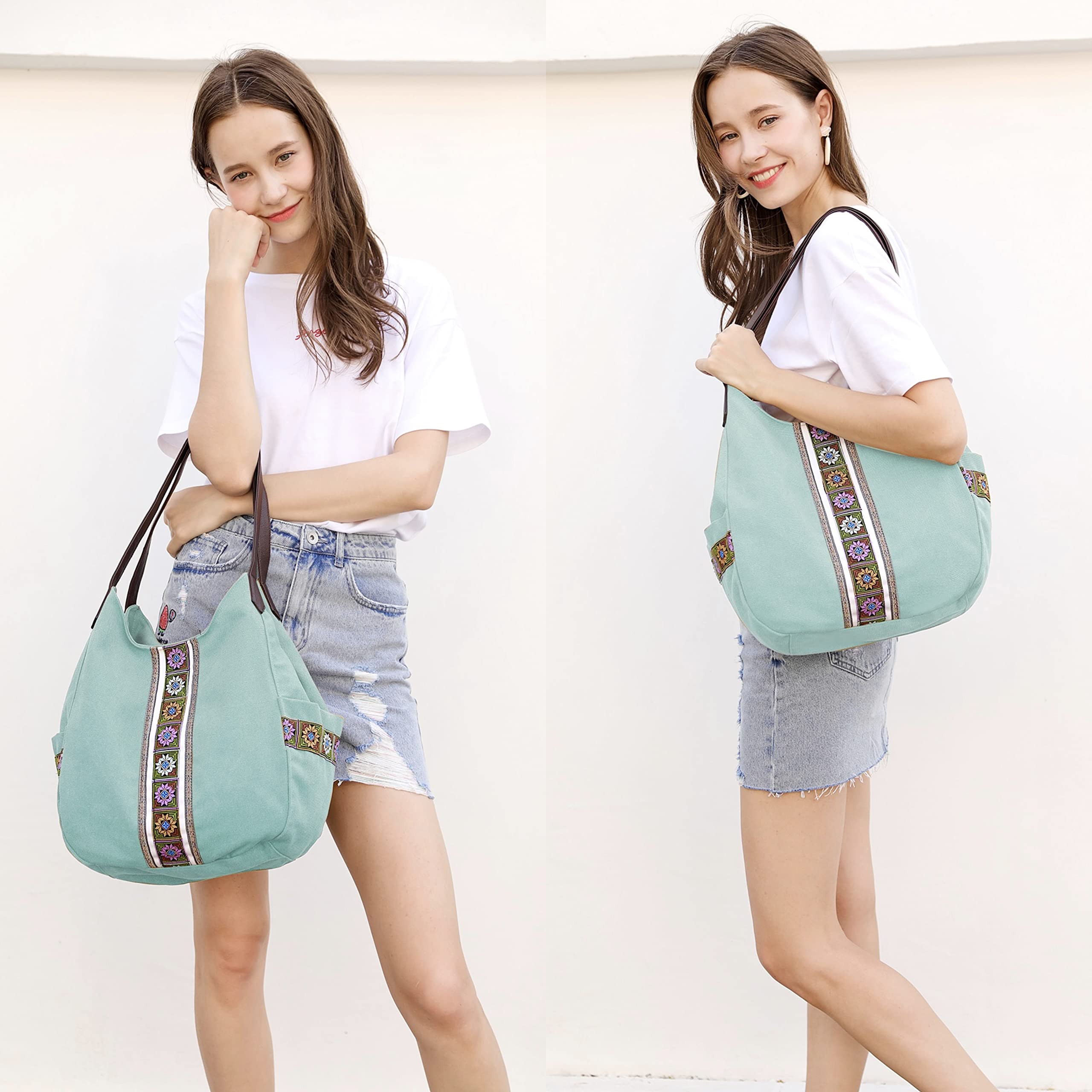 Worldlyda Women Canvas Embroidered Hobo Tote Bag