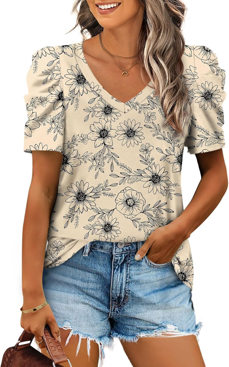 XIEERDUO Summer V-Neck Puff Sleeve Tee - All Sizes - Women's T Shirts by Handbags Specialist Headquarter | Available at Handbags Specialist Headquarter