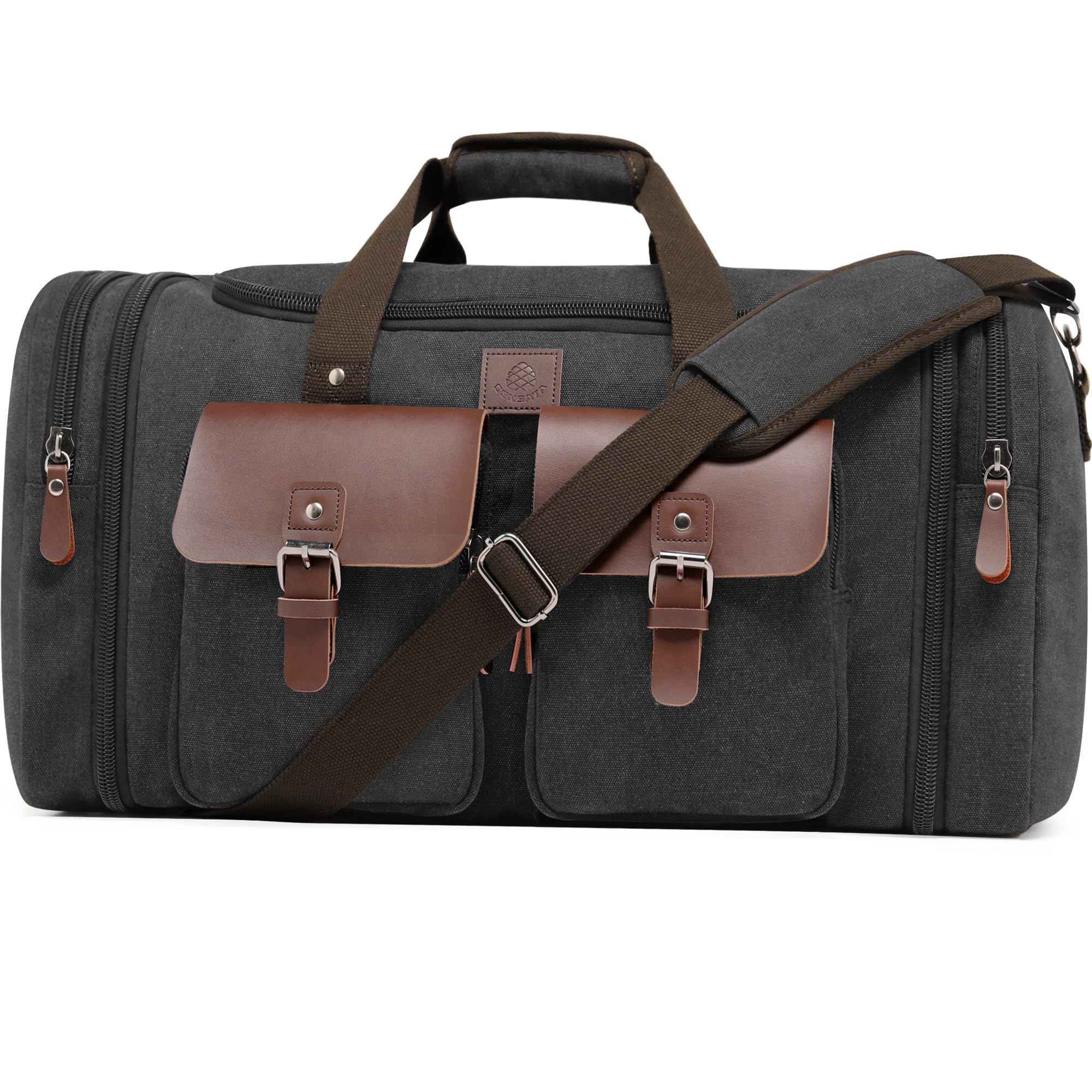 50L Expandable Canvas Duffel - Leather Trim Travel Bag