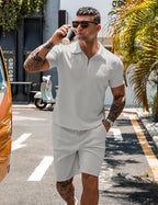 URRU Men's 2-Piece 3D Textured Polo & Shorts Set