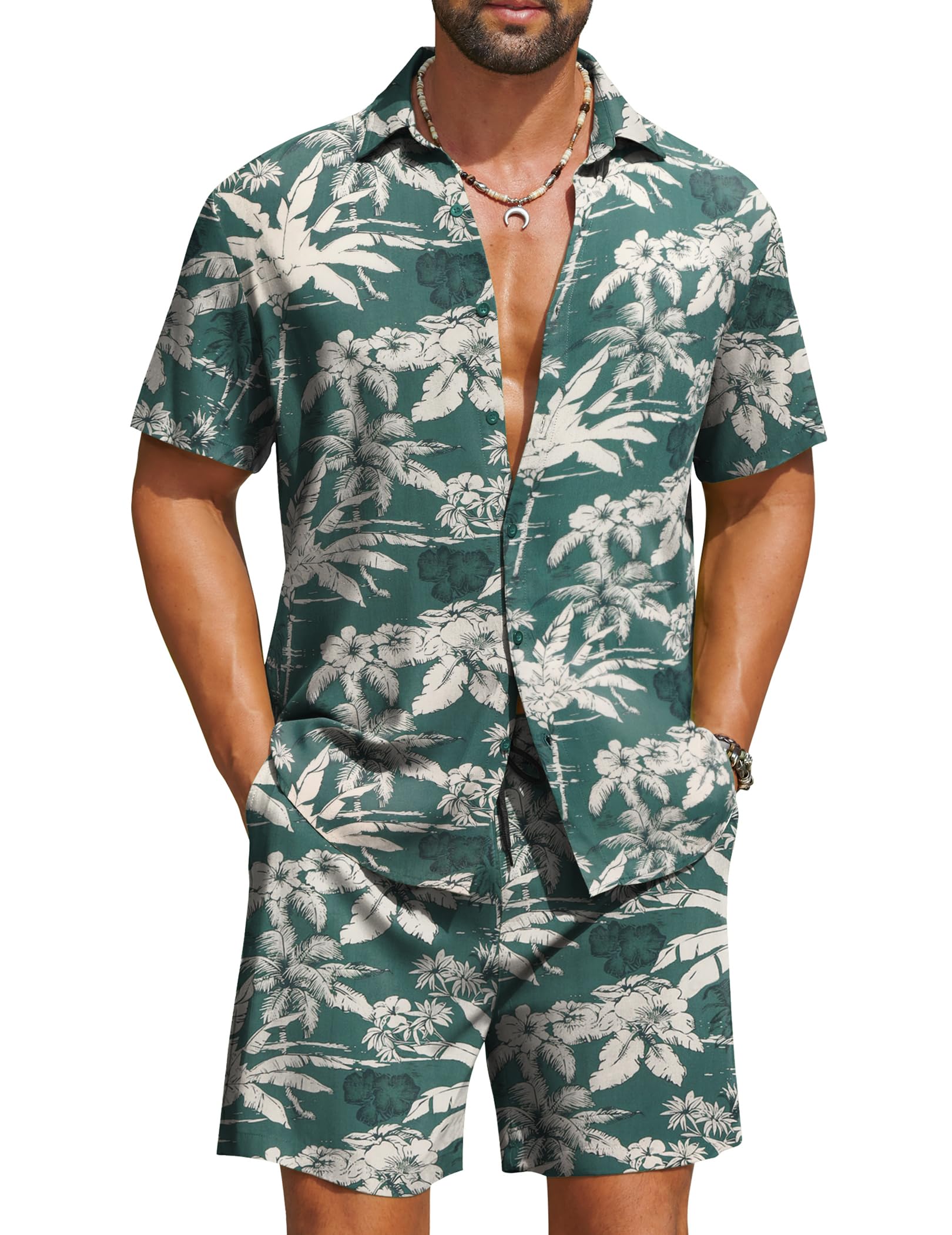 COOFANDY Men's Hawaiian 2 Piece Beach Outfit Set